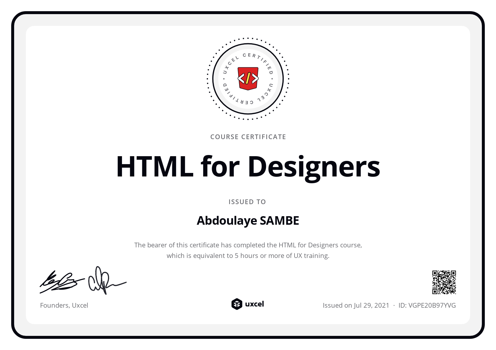 Abdoulaye SAMBE's certificate